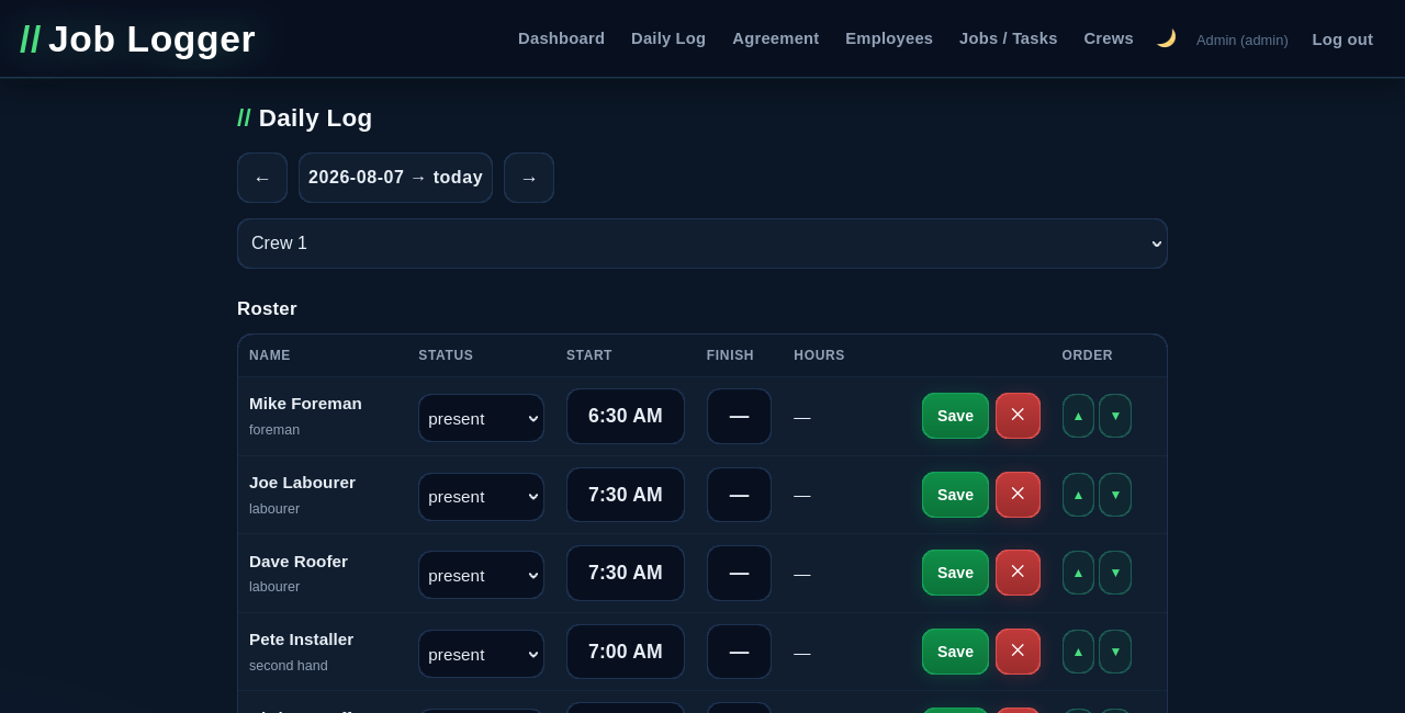 Job Logger daily log with crew roster, auto-filled start times, jobs and EOD split